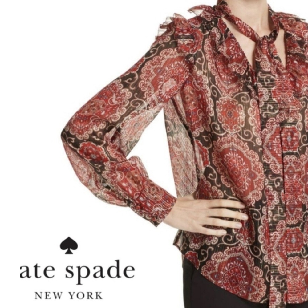 Kate Spade Blouse Women's S Red‎ Paisley Metallic Silk Tie Neck Ruffle Victorian